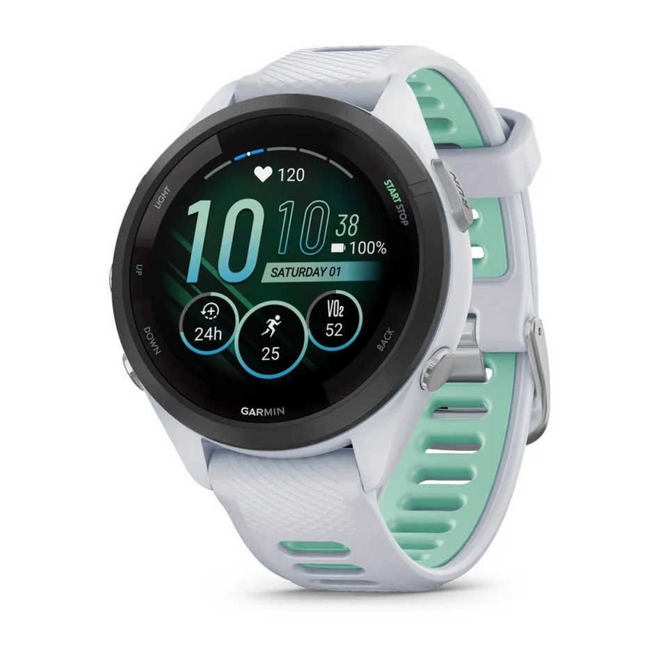 Смарт часовник Garmin Forerunner 265S Neo Tropic, за бегачи, 28.1мм (1.1"), Bluetooth, Wi-Fi, до 15 дни време за работа, 8GB Flash памет, GPS, женско здраве, функции за бягане, бял корпус сиво-зелена каишка - характеристика 13
