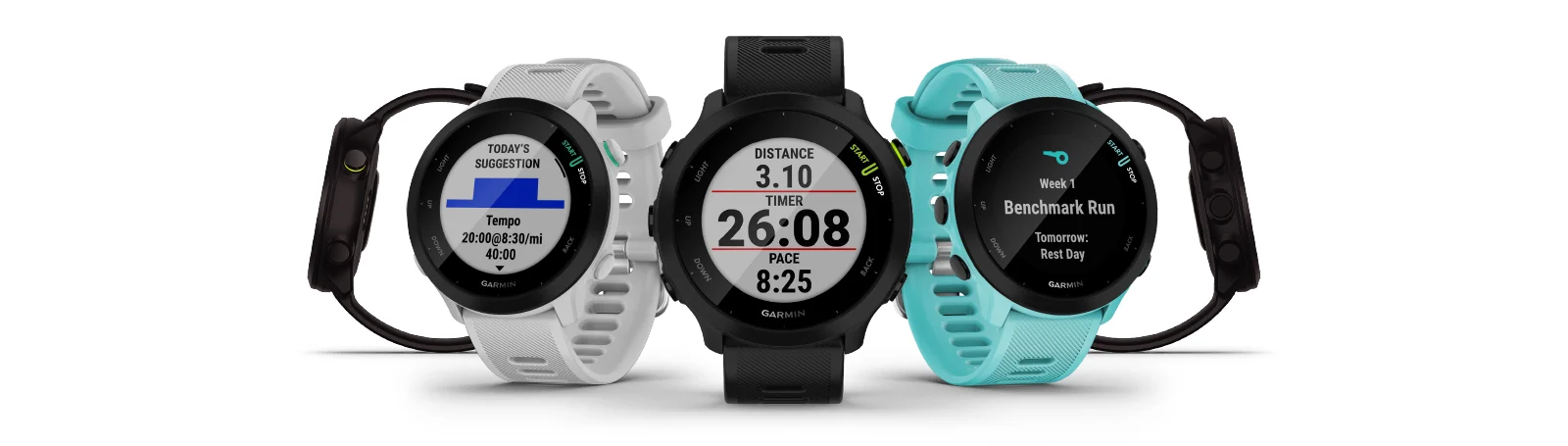 Смарт часовник Garmin Forerunner 55 Black, 1.04" (2.64 cm) MIP дисплей, до 14 дни живот на батерията, GPS, акселерометър, пулсомер, Connect IQ, хидратация, съвместим с Android и Apple устройства, черен - характеристика 1