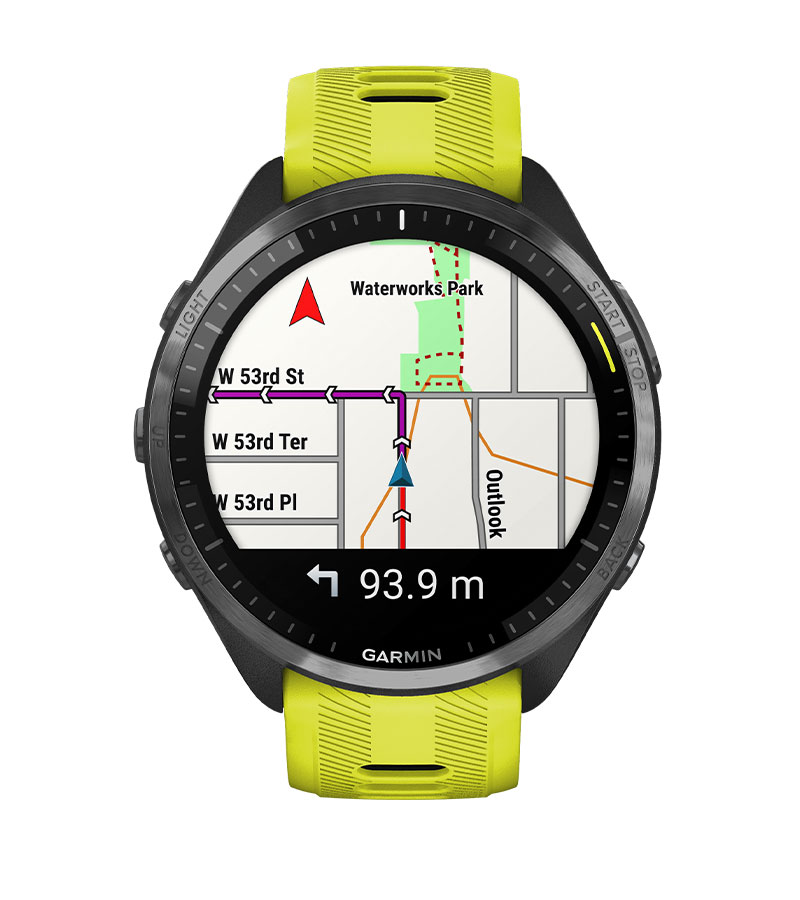 Смарт часовник Garmin Forerunner 965 Carbon Grey DLC Titanium, за бегачи, 35.4 мм (1,4"), AMOLED дисплей, 32GB Flash памет, Bluetooth, Wi-Fi, GPS, до 23 дни време за работа, черен с жълто-черна силиконова каишка - характеристика 12