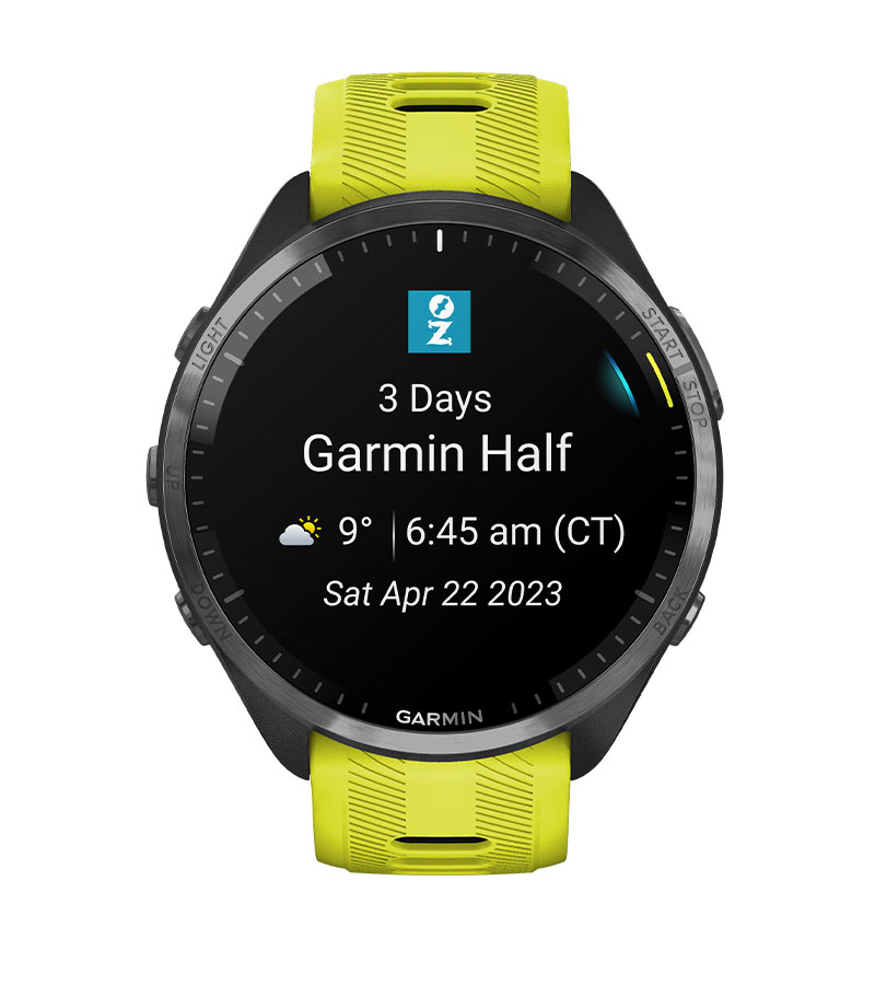 Смарт часовник Garmin Forerunner 965 Carbon Grey DLC Titanium, за бегачи, 35.4 мм (1,4"), AMOLED дисплей, 32GB Flash памет, Bluetooth, Wi-Fi, GPS, до 23 дни време за работа, черен с жълто-черна силиконова каишка - характеристика 13