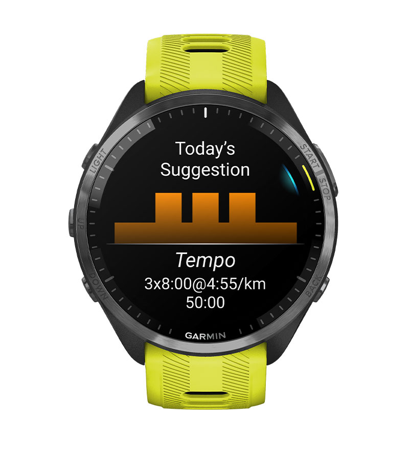 Смарт часовник Garmin Forerunner 965 Carbon Grey DLC Titanium, за бегачи, 35.4 мм (1,4"), AMOLED дисплей, 32GB Flash памет, Bluetooth, Wi-Fi, GPS, до 23 дни време за работа, черен с жълто-черна силиконова каишка - характеристика 14