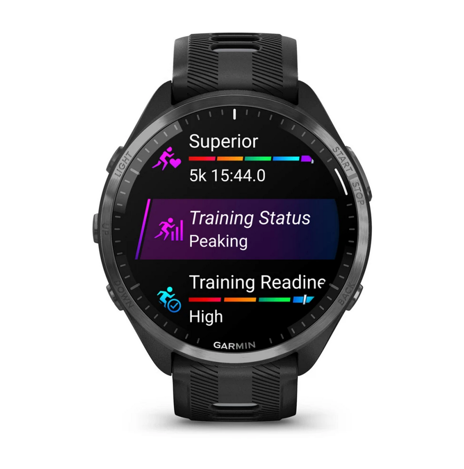 Смарт часовник Garmin Forerunner 965 Carbon Grey DLC Titanium, за бегачи, 35.4 мм (1,4"), AMOLED дисплей, 32GB Flash памет, Bluetooth, Wi-Fi, GPS, до 23 дни време за работа, черен с черна силиконова каишка - характеристика 16