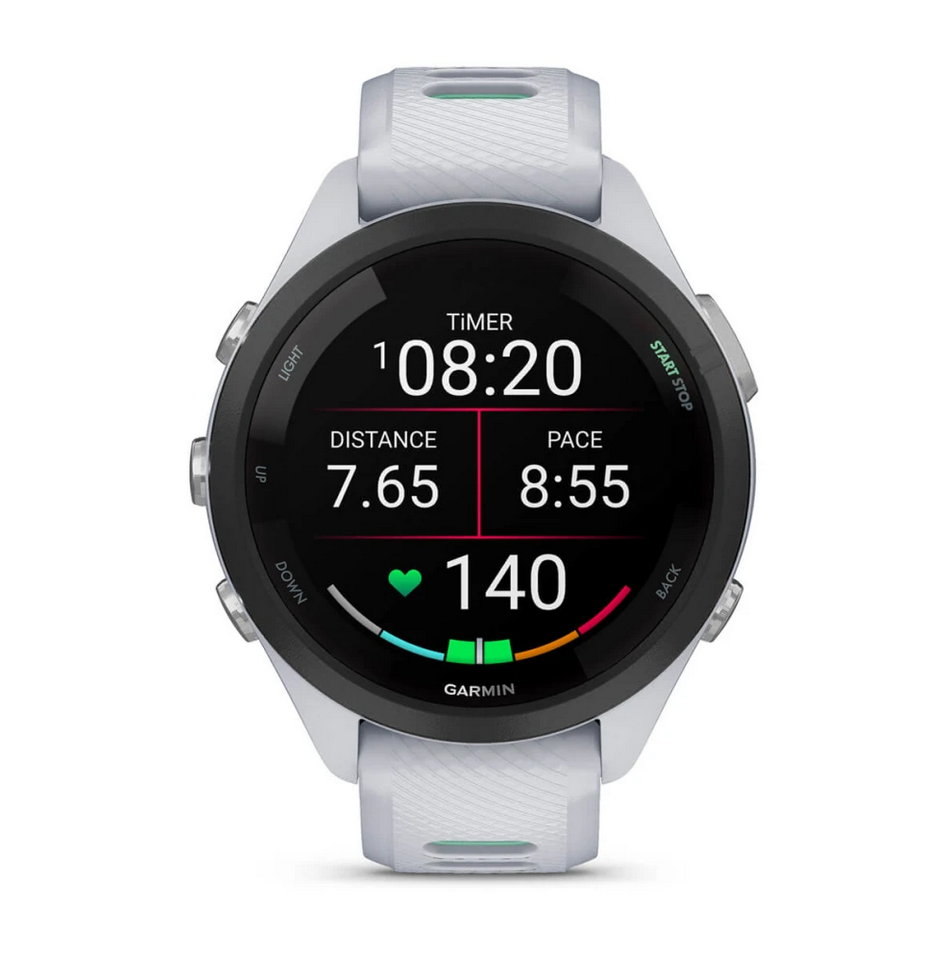 Смарт часовник Garmin Forerunner 265S Neo Tropic, за бегачи, 28.1мм (1.1"), Bluetooth, Wi-Fi, до 15 дни време за работа, 8GB Flash памет, GPS, женско здраве, функции за бягане, бял корпус сиво-зелена каишка - характеристика 18