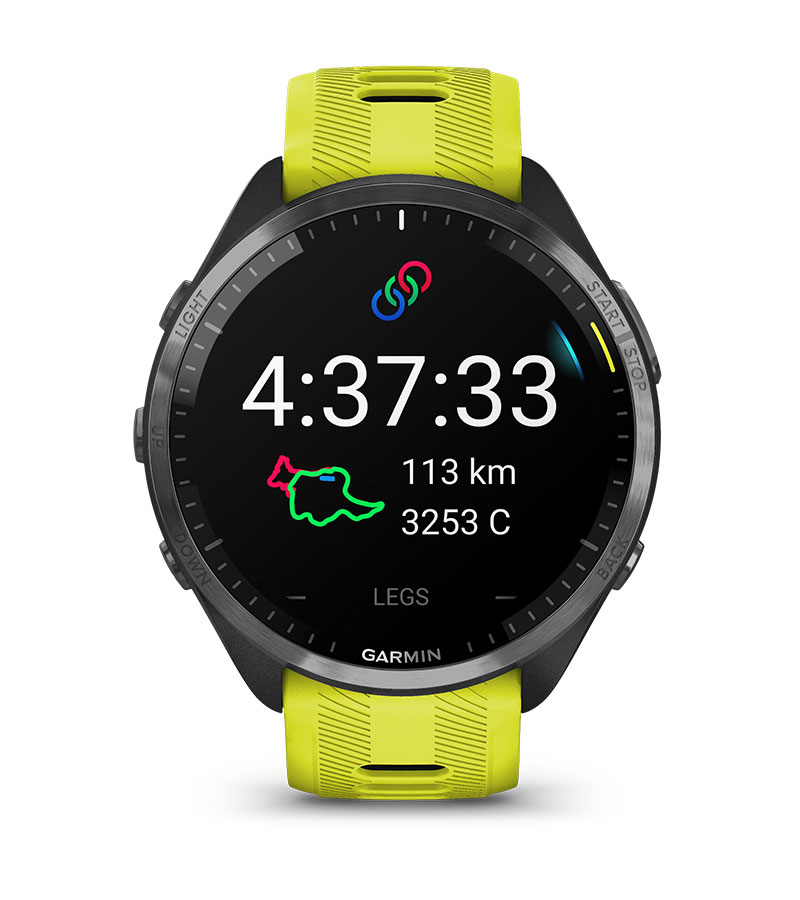 Смарт часовник Garmin Forerunner 965 Carbon Grey DLC Titanium, за бегачи, 35.4 мм (1,4"), AMOLED дисплей, 32GB Flash памет, Bluetooth, Wi-Fi, GPS, до 23 дни време за работа, черен с жълто-черна силиконова каишка - характеристика 17