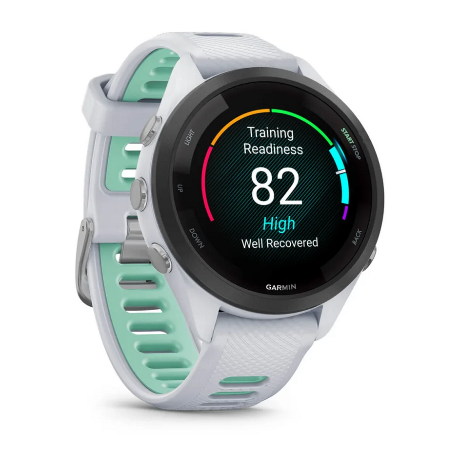Смарт часовник Garmin Forerunner 265S Neo Tropic, за бегачи, 28.1мм (1.1"), Bluetooth, Wi-Fi, до 15 дни време за работа, 8GB Flash памет, GPS, женско здраве, функции за бягане, бял корпус сиво-зелена каишка - характеристика 16