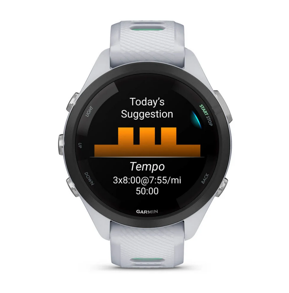 Смарт часовник Garmin Forerunner 265S Neo Tropic, за бегачи, 28.1мм (1.1"), Bluetooth, Wi-Fi, до 15 дни време за работа, 8GB Flash памет, GPS, женско здраве, функции за бягане, бял корпус сиво-зелена каишка - характеристика 15