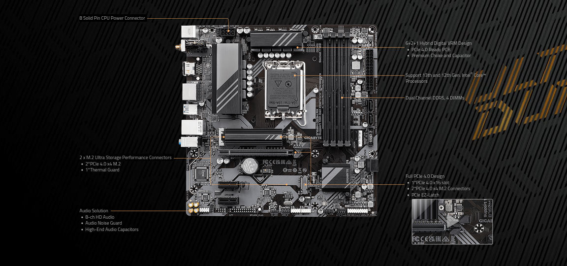 Дънна платка Gigabyte B760M DS3H AX, B760, LGA1700, DDR5, PCI-E 4.0 (HDMI&DP), 2x M.2, 4x SATA 6Gb/s, 3x USB 3.2 Gen 1, 1x USB Type-C, 2x USB 3.2 Gen 1 Type-A, Micro ATX - характеристика 1