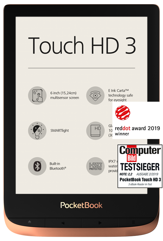 Електронна книга PocketBook Touch HD 3 PB632, 6" (15.2 cm) сензорен екран, 16GB Flash памет, Wi-Fi, Bluetooth, USB Type-C - характеристика 1