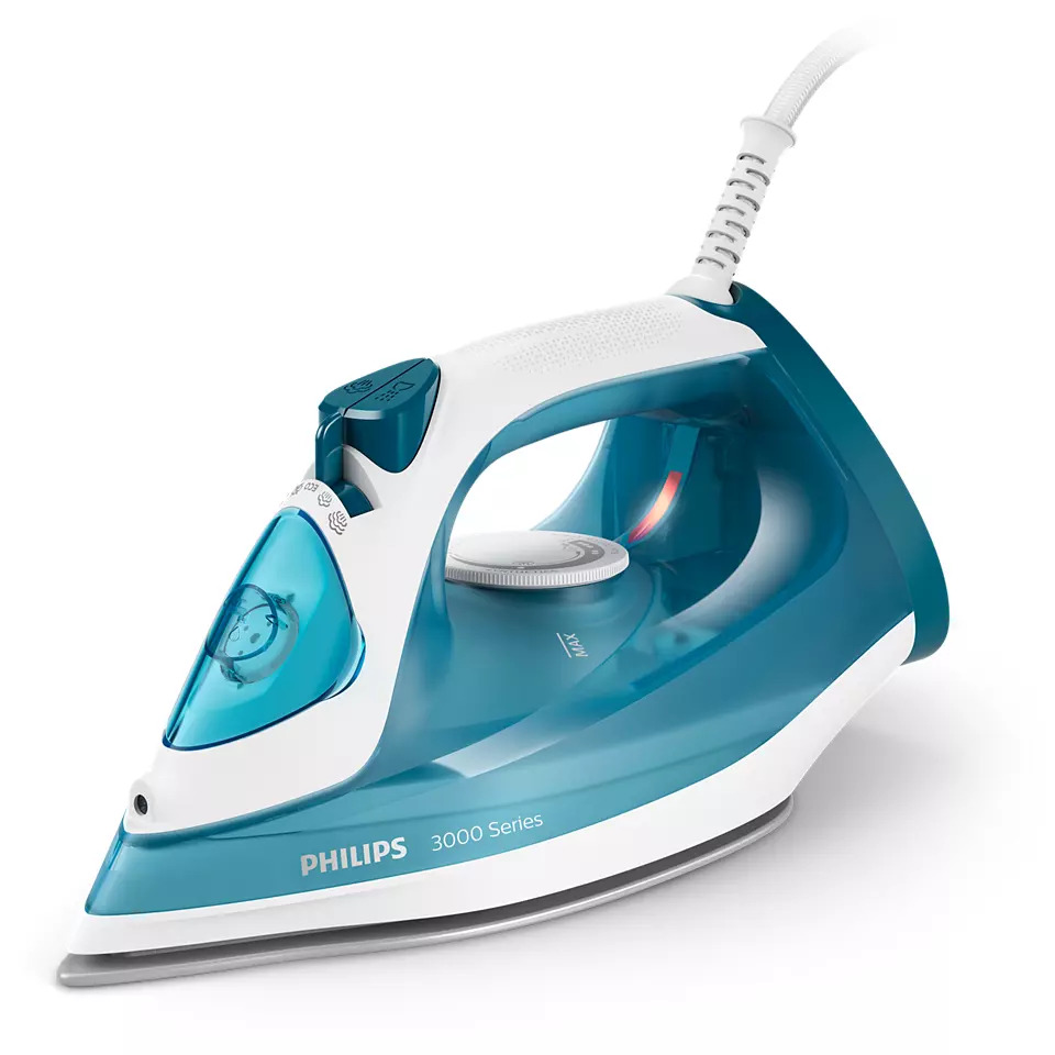 Парна ютия Philips DST3011/20, керамична плоча, 30 г/мин непрекъсната пара, 140 г/мин парен удар, 300ml вместимост на резервоара за вода, анти-капкова система, енергоспестяващ режим, 2100W, синя - характеристика 1
