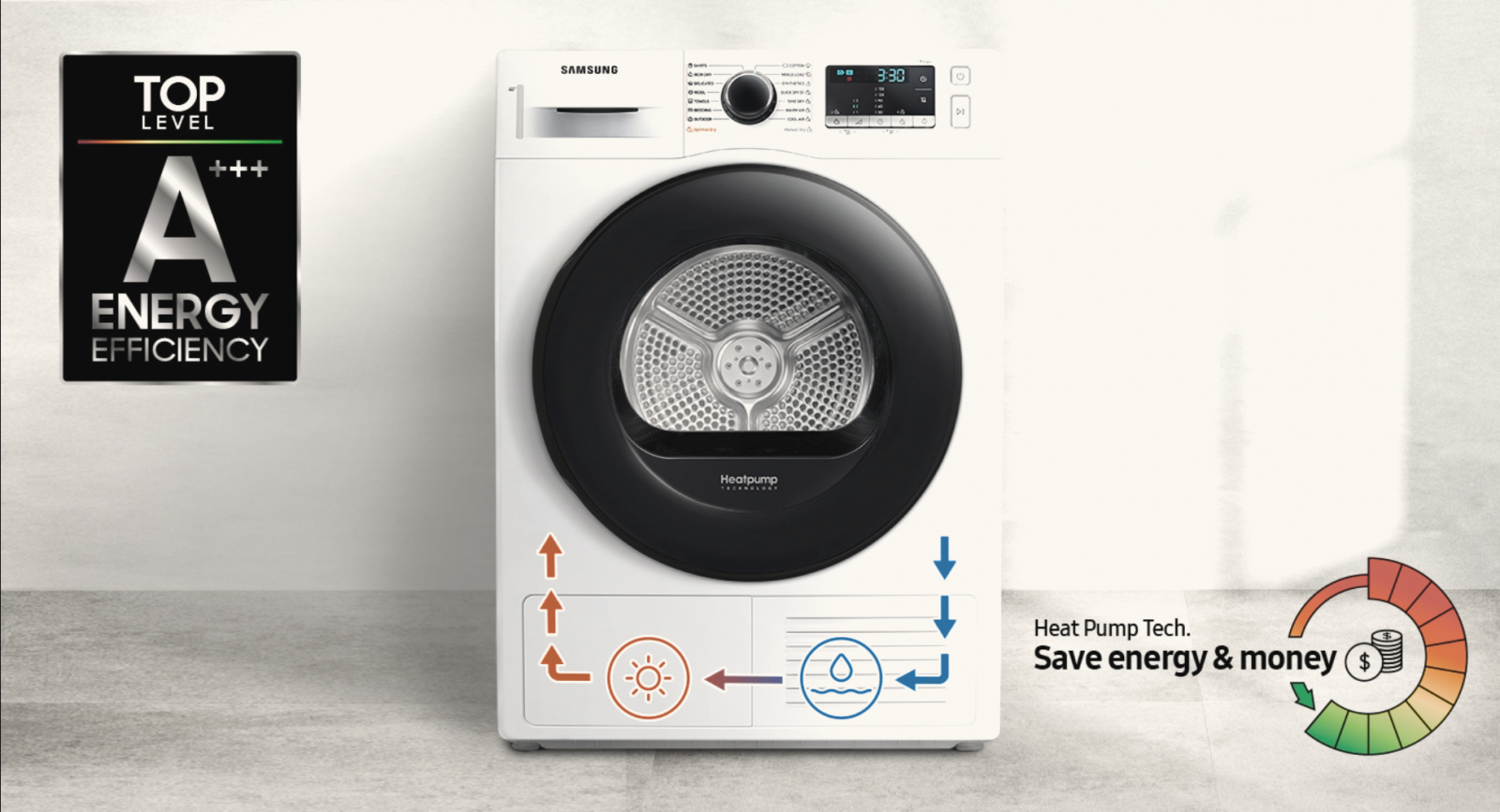 Сушилня Samsung DV90TA040AX/LE, клас A++, 9 кг. капацитет, свободностояща, 60 cm, Wrinkle prevention, Quick Dry 35 ', инокс - характеристика 1