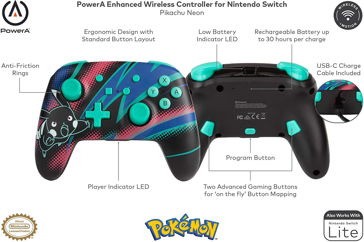 Геймпад PowerA Enhanced Pikachu Neon за Nintendo Switch, безжичен, различни цветове - характеристика 1