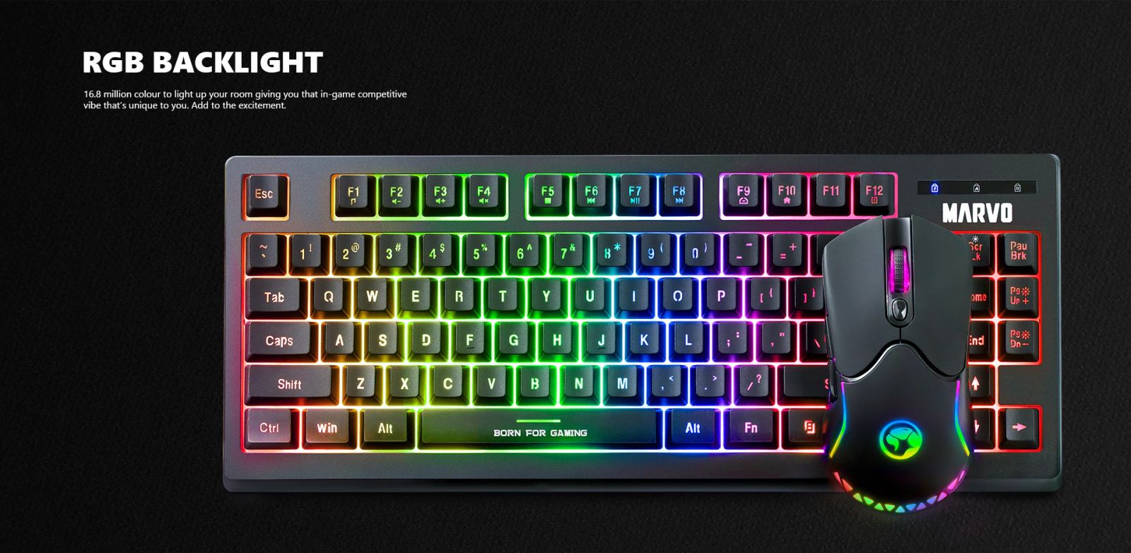 Комплект клавиатура и мишка Marvo KW516, безжични, RGB подсветка, гейминг, оптична мишка (4800 dpi), черни - характеристика 1