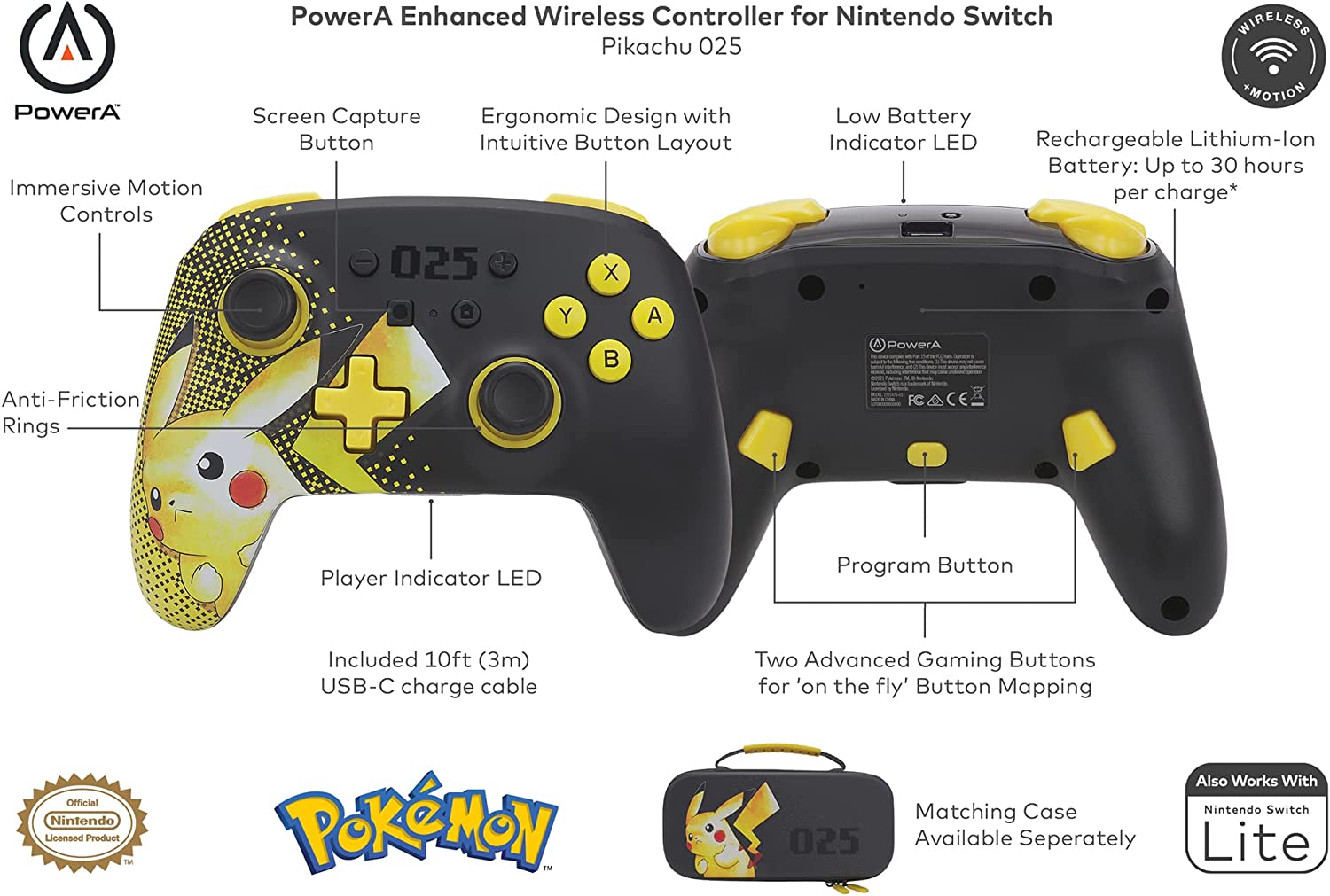 Геймпад PowerA Enhanced Pikachu 025 за Nintendo Switch, безжичен, черно-жълт - характеристика 1