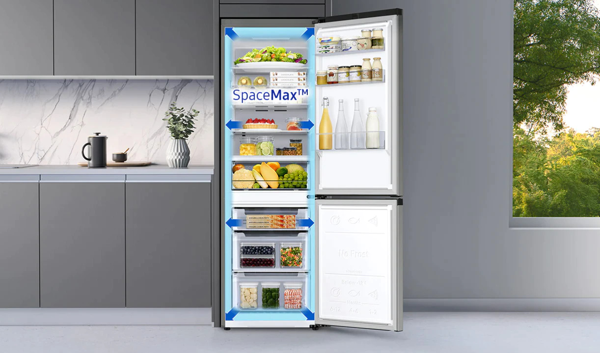 Хладилник с фризер Samsung RB33B610ESA/EF, клас E, 344л. общ обем, свободностоящ, 254 kWh/годишно разход на енергия, SpaceMax, No Frost, All-Around Cooling, сив - характеристика 1