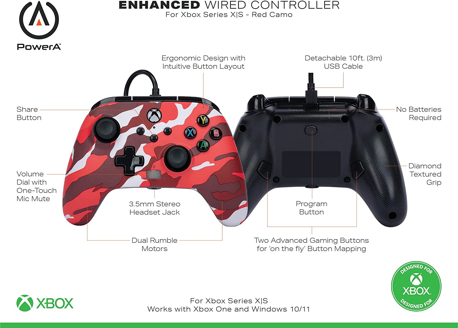 Геймпад PowerA Enhanced Red Camo за Xbox One/Series X/S, USB, червен - характеристика 1