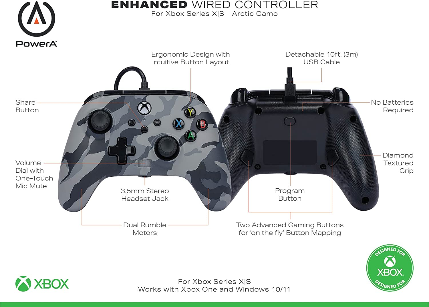 Геймпад PowerA Enhanced Arctic Camo за Xbox One/Series X/S, жичен, USB, сив - характеристика 1