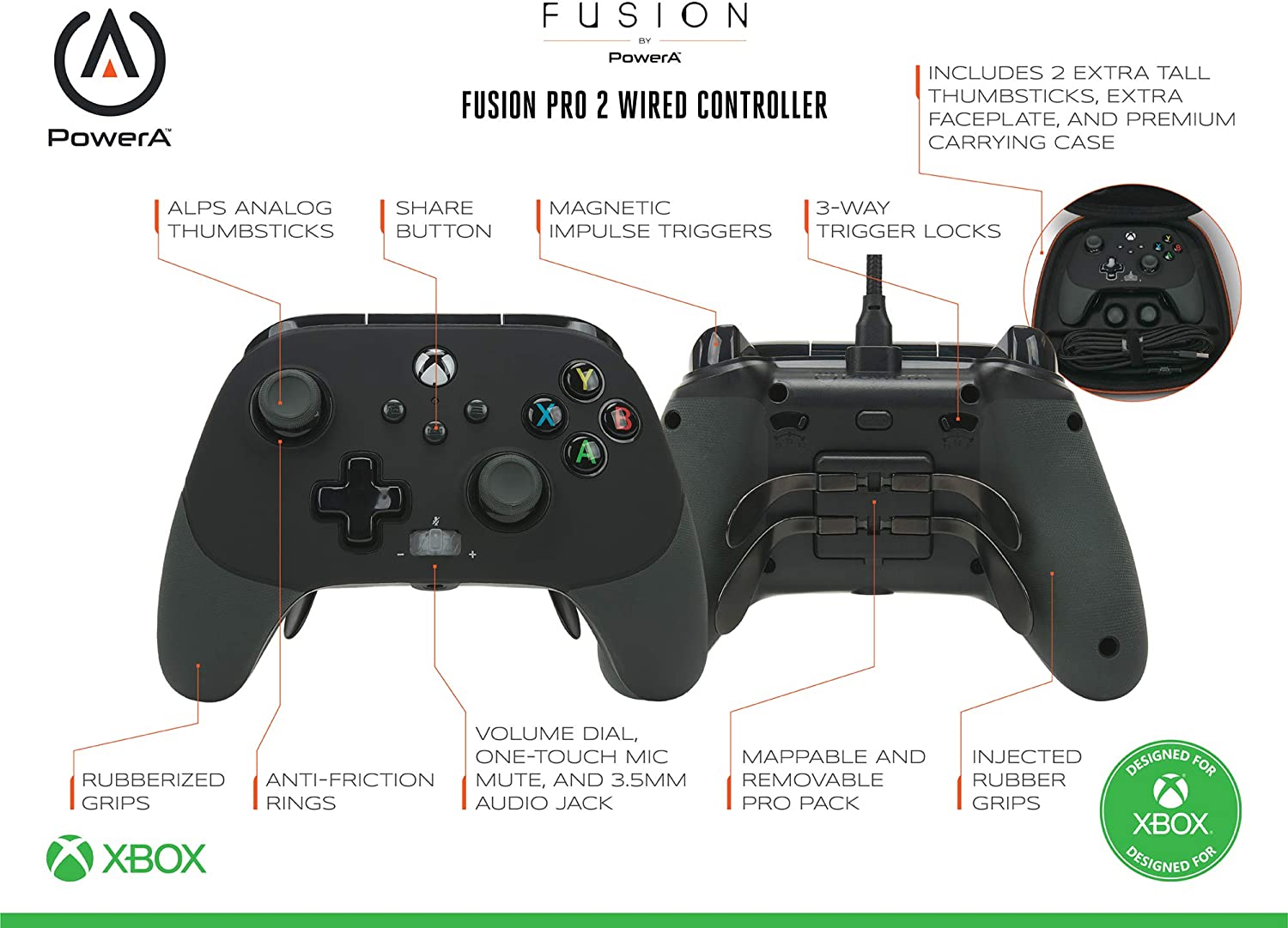Геймпад PowerA Fusion 2 Black/White за Xbox Series X/S, жичен, USB, сменяеми предни панели, Програмируем модул, Тристепенно заключване на спусъците, защитен калъф, бял/черен - характеристика 1