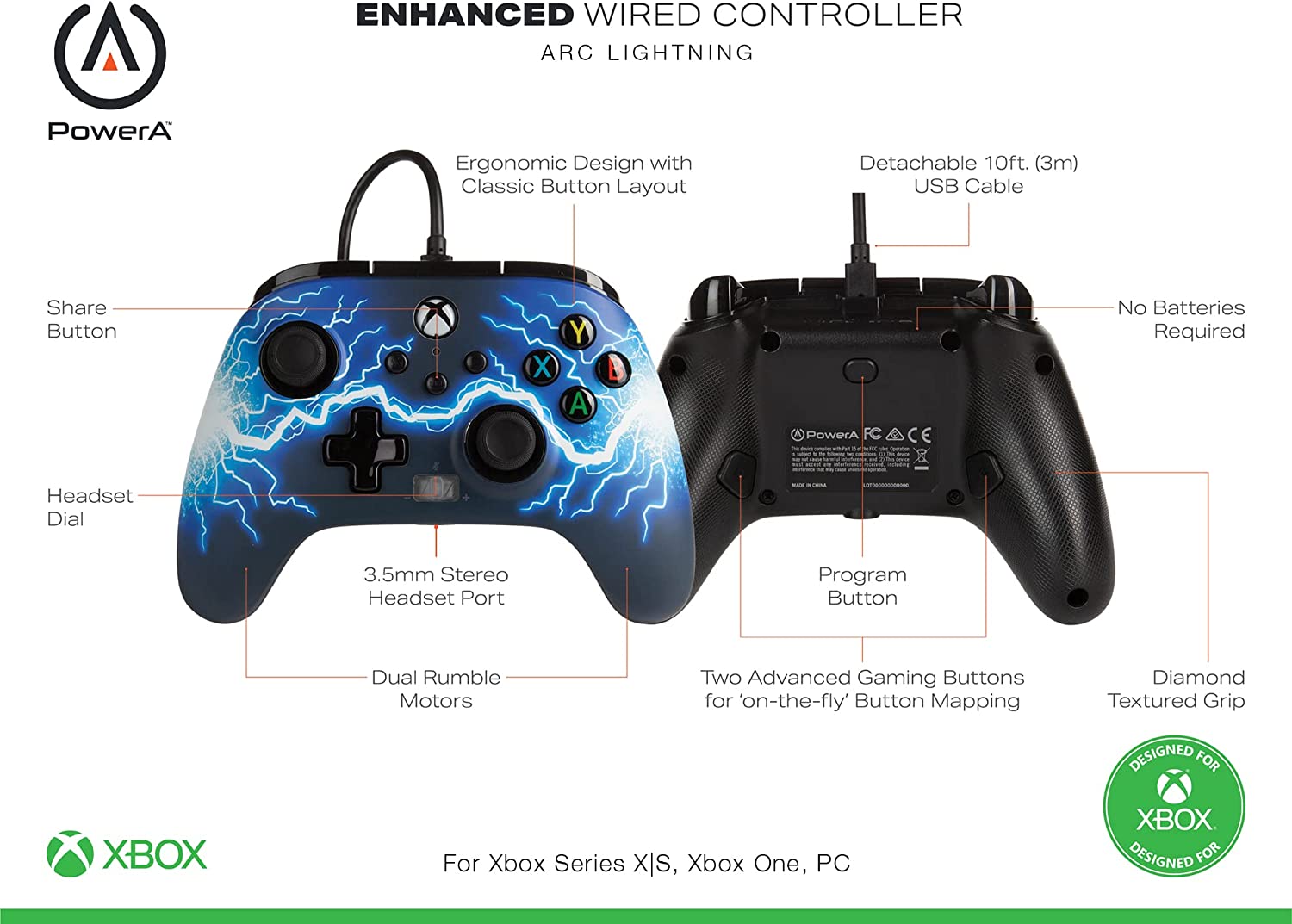 Геймпад PowerA Enhanced Arc Lightning за Xbox One/Series X/S, жичен, USB, черно-син - характеристика 1