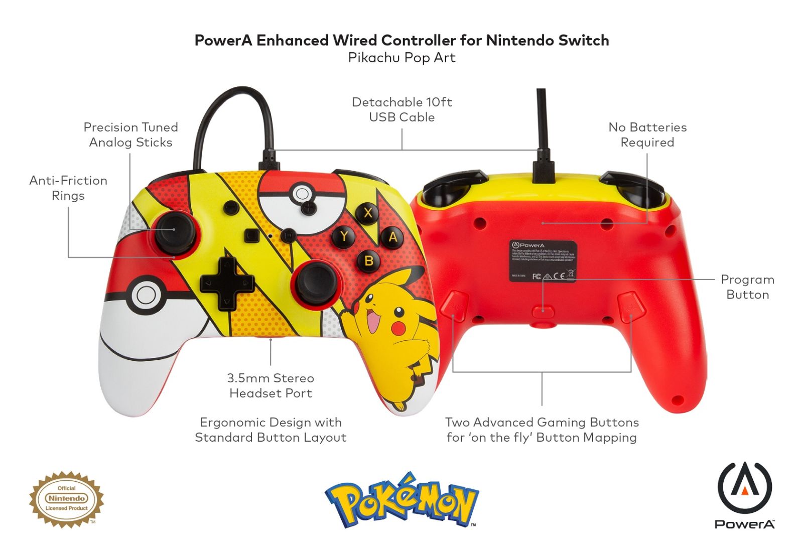 Геймпад PowerA Enhanced Pokemon: Pikachu Pop Art за Nintendo Switch, жичен, USB, червено-жълт - характеристика 1