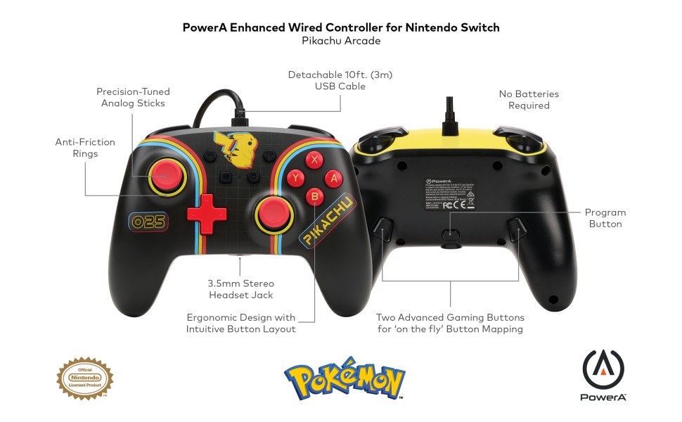 Геймпад PowerA Enhanced Pokemon: Pikachu Arcade за Nintendo Switch, жичен, USB, черен - характеристика 1