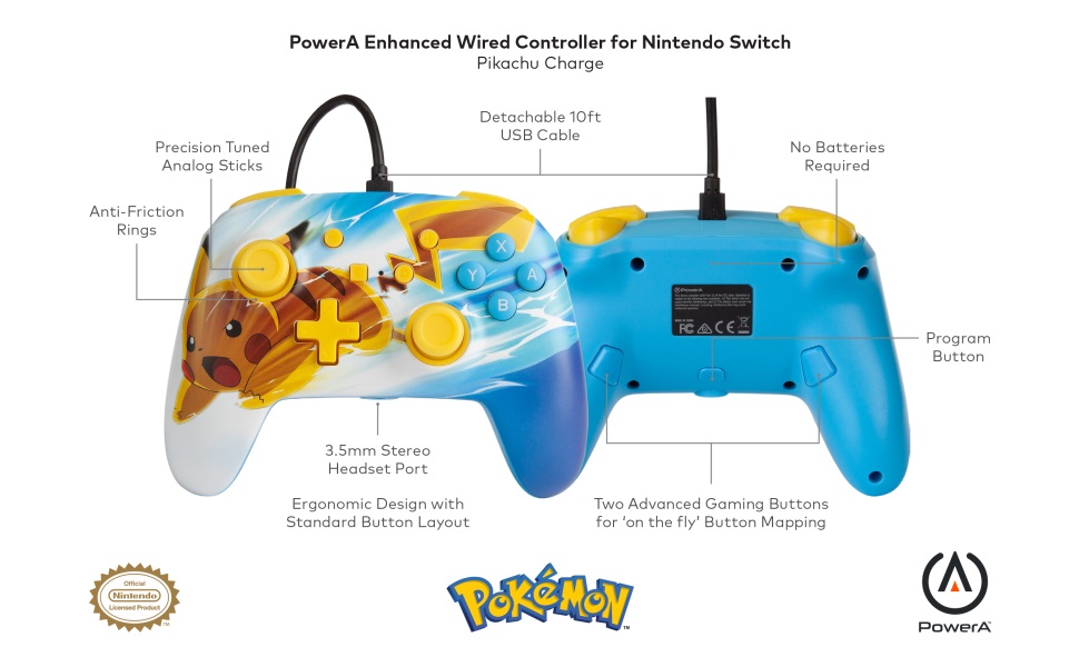 Геймпад PowerA Enhanced Pokemon: Pikachu Charge за Nintendo Switch, жичен, USB, синьо-жълт - характеристика 1