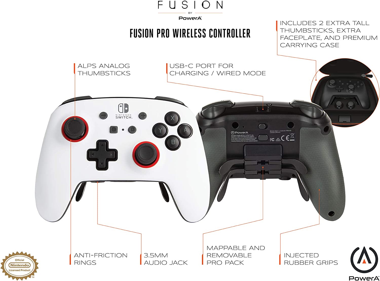 Геймпад PowerA Fusion Pro за Nintendo Switch, безжичен/жичен, USB, сменяеми предни панели, програмируем модул, защитен калъф, бял/черен - характеристика 1