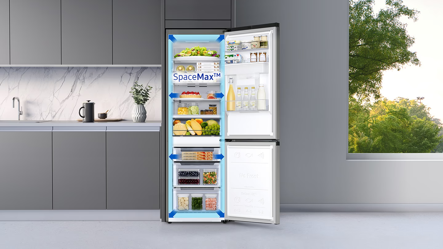 Хладилник с фризер Samsung RB34T652ESA/EF, клас E, 331 л. общ обем, свободностоящ, 256 kWh/годишно, диспенсер за вода, SpaceMax Technology, No frost, инокс - характеристика 1