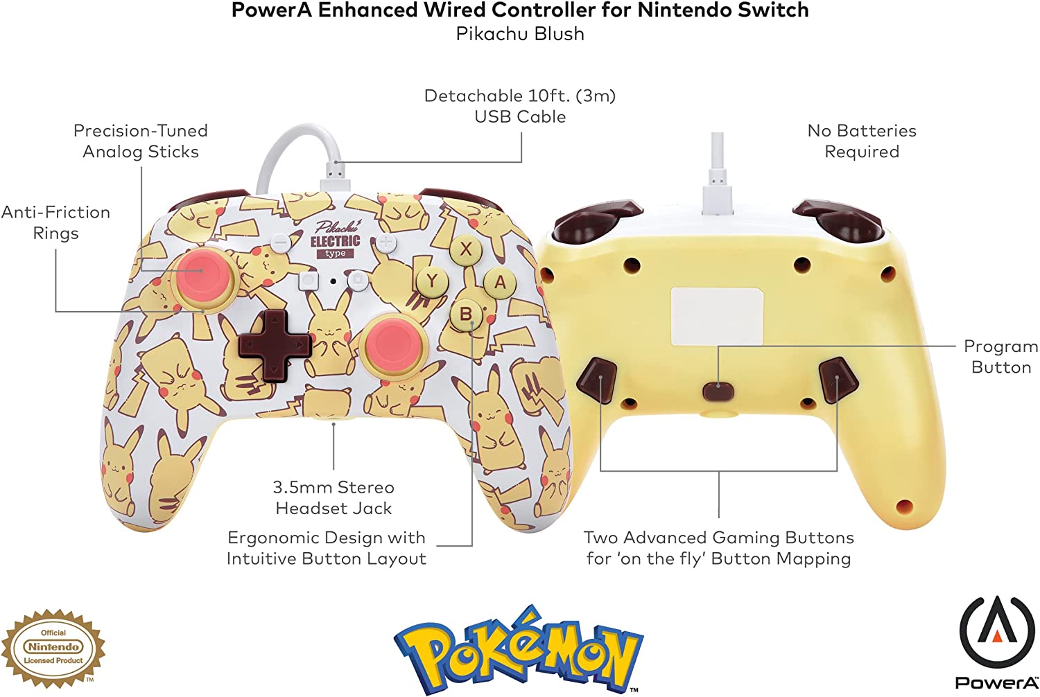 Геймпад PowerA Enhanced Pikachu Blush, за Nintendo Switch, жълто-бял - характеристика 1