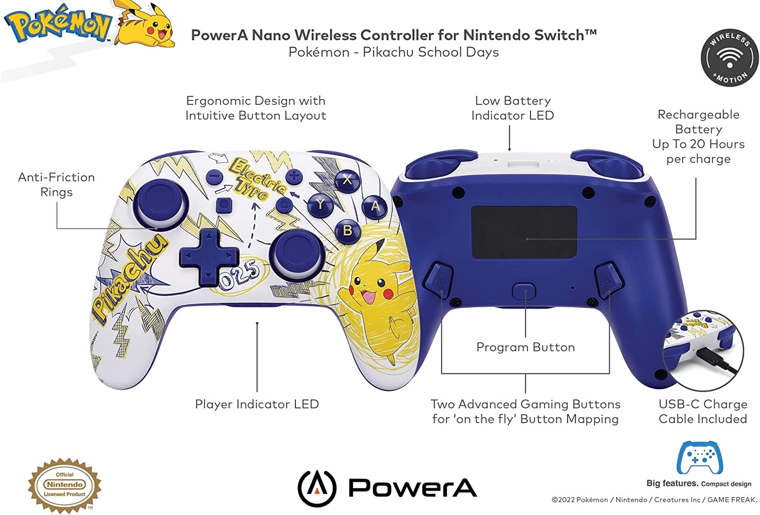 Геймпад PowerA Nano Enhanced Pokemon: Pikachu School Days, безжичен, за Nintendo Switch, Bluetooth, бял - характеристика 1