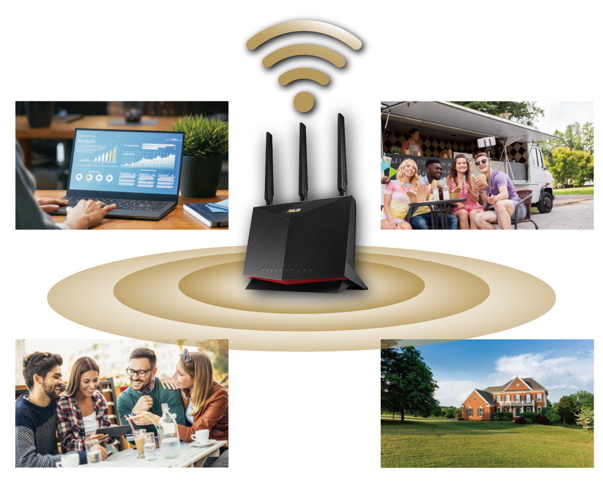 Рутер Asus 4G-AC86U, 4G, 2533Mbps, 2.4GHz(800 Mbps)/5GHz(1733 Mbps), Wireless AC, 4x LAN1000, 1x WAN1000, 1x USB 2.0, 1x Nano SIM Slot, 3x външни антени - характеристика 1