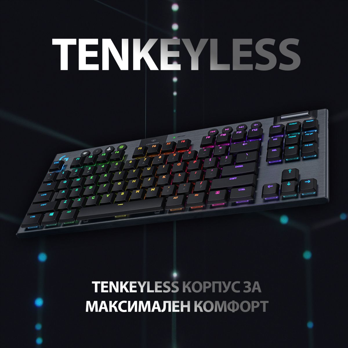 Клавиатура Logitech G915 TKL, безжична, геймърска, механична, GX GL Clicky switches, RGB подсветка, нископрофилни клавиши, US layout, черна, USB, Wireless, Bluetooth - характеристика 1