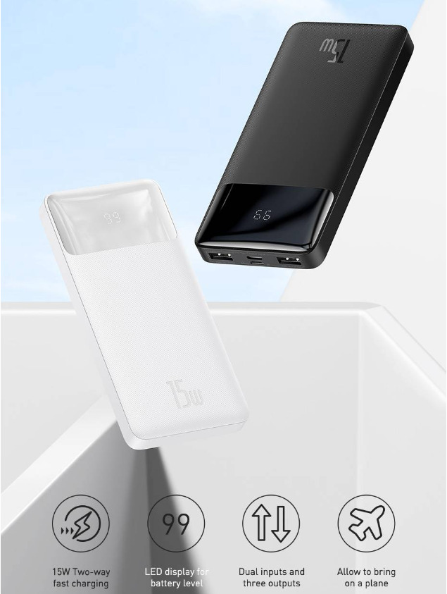 Външна батерия/power bank/ Baseus Bipow (PPBD050202), 30 000 mAh, 1x USB-C/1x USB Micro към 2x USB-A/1x USB-C, бяла, LED дисплей, 15W - характеристика 1