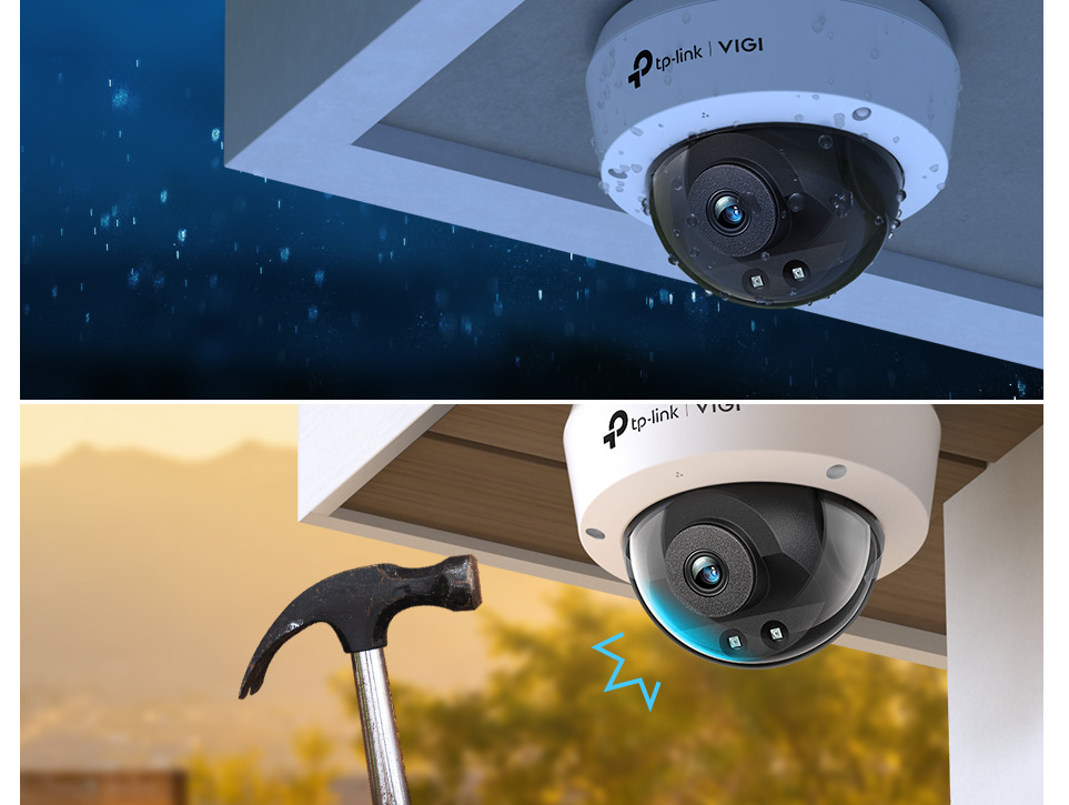 IP камера TP-Link VIGI C230I(4mm), куполна, 3Mpix (2304x1296@30fps), 4mm обектив, H.265+/H.265/H.264+/H.264, IR осветеност (до 30 метра), външна IP67/IK10, PoE - характеристика 4