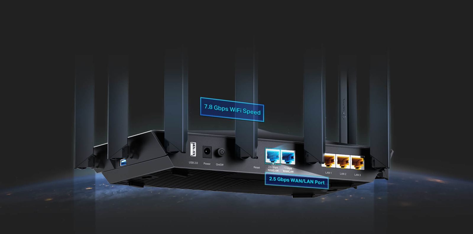 Рутер TP-Link Archer AX95 AX7800, 7800Mbps, 2.4 GHz (574 Mbps) + 5 GHz (2402 Mbps) + 5 GHz (4804 Mbps), Wireless AX, 3x 10/100/1000 LAN, 1x 10/100/1000, LAN/WAN, 1x 100/1000/2500 LAN/WAN, 1x USB 3.0, 1x USB 2.0, 8x външни антени - характеристика 3