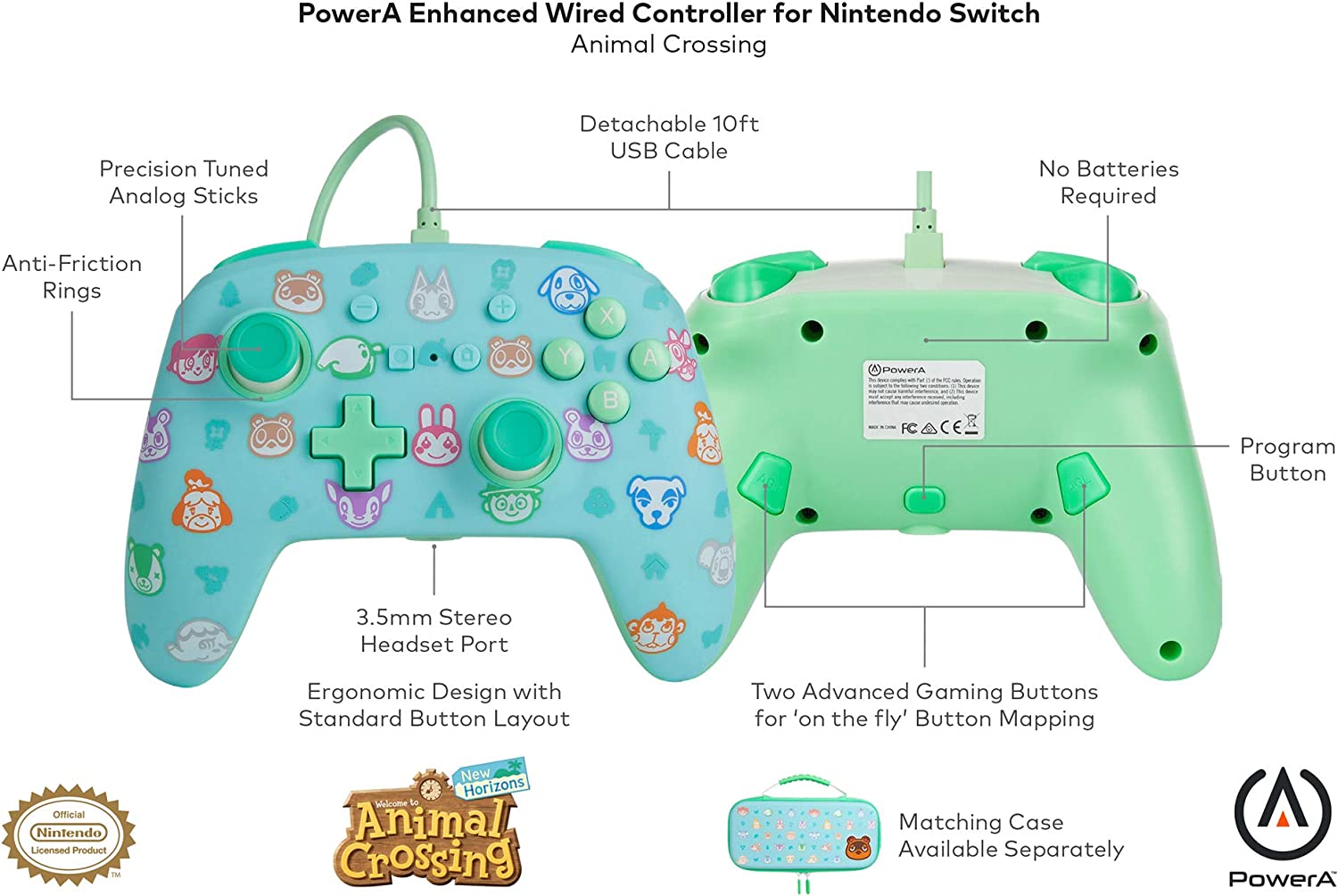 Геймпад PowerA Enhanced Animal Crossing: New Horizons за Nintendo Switch, жичен, USB, син - характеристика 1