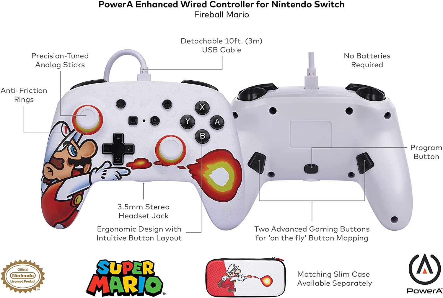 Геймпад PowerA Enhanced Fireball Mario за Nintendo Switch, жичен, USB, бял - характеристика 1