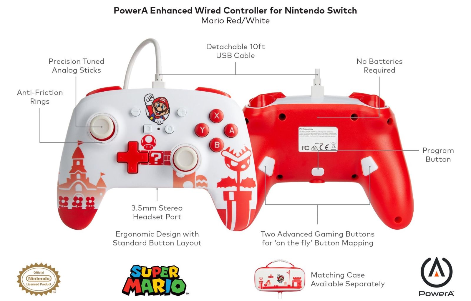 Геймпад PowerA Enhanced Mario Red/White за Nintendo Switch, жичен, USB, червено-бял - характеристика 1