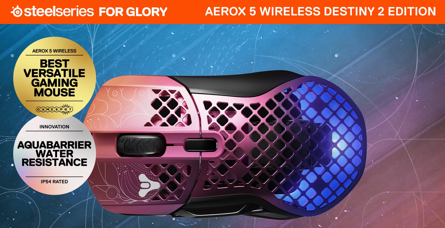 Мишка SteelSeries Aerox 5 Wireless Destiny 2 Edition, оптична (18 000 dpi), безжична, Wireless, Bluetooth, гейминг, AquaBarrier™ Protection, TrueMove Air оптичен сензор, 9 програмируеми бутони, RGB подсветка, лилава - характеристика 1