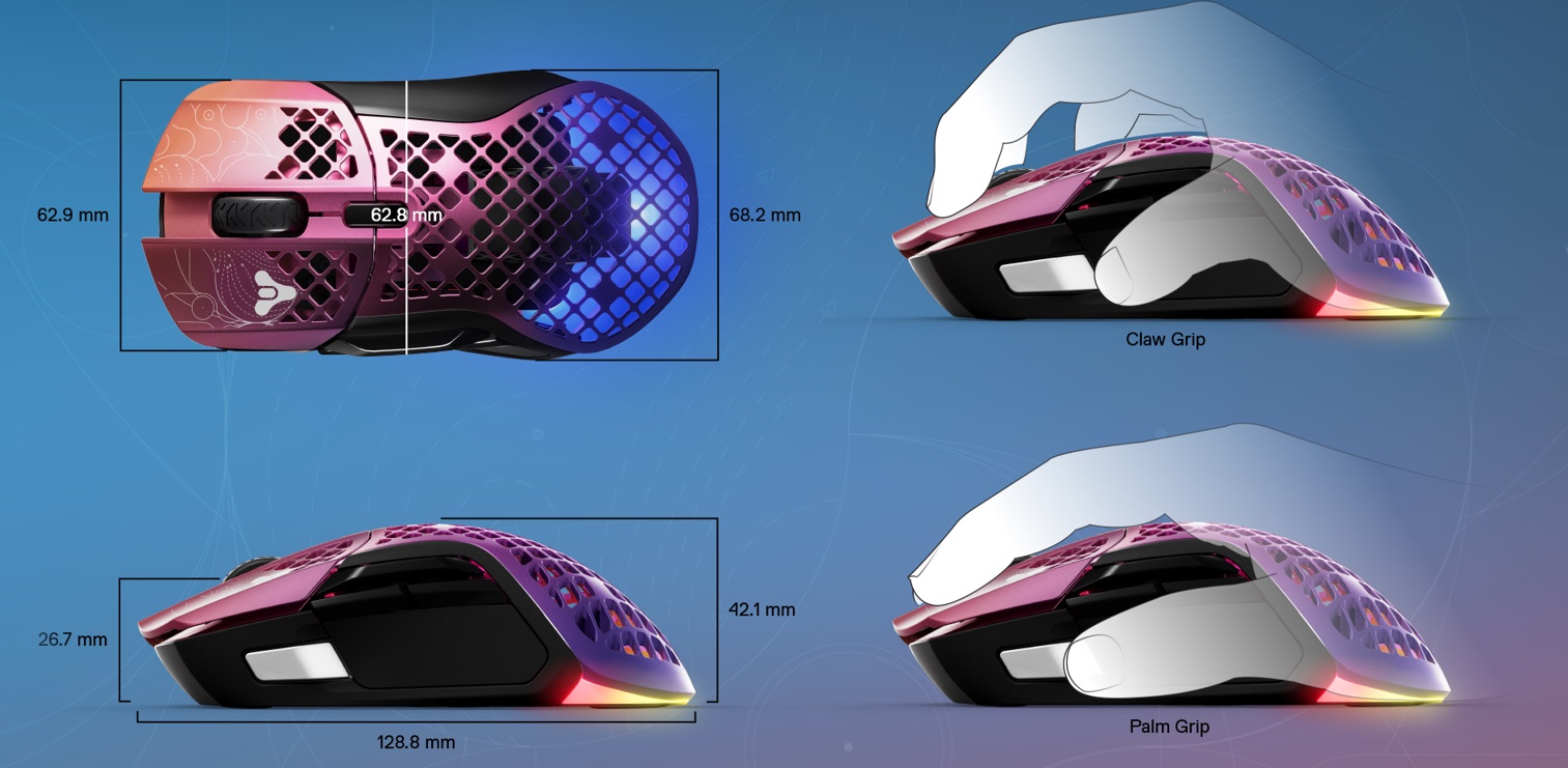 Мишка SteelSeries Aerox 5 Wireless Destiny 2 Edition, оптична (18 000 dpi), безжична, Wireless, Bluetooth, гейминг, AquaBarrier™ Protection, TrueMove Air оптичен сензор, 9 програмируеми бутони, RGB подсветка, лилава - характеристика 3