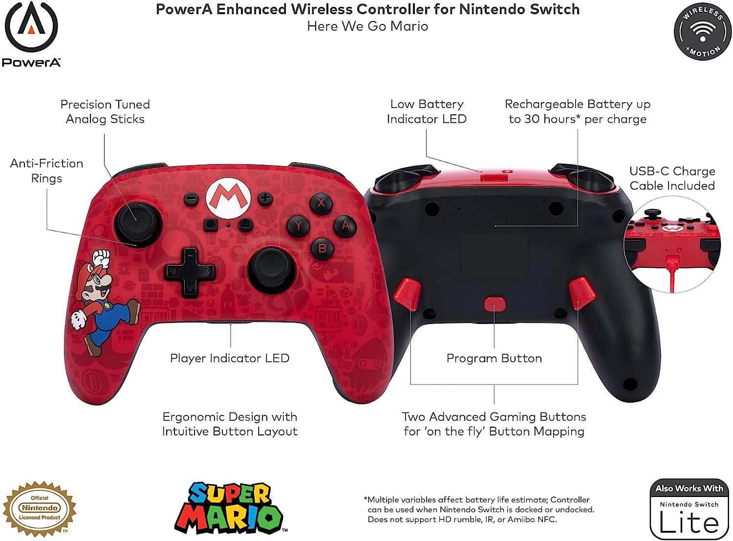 Геймпад PowerA Enhanced Here We Go Mario за Nintendo Switch, безжичен, Bluetooth, червен - характеристика 1