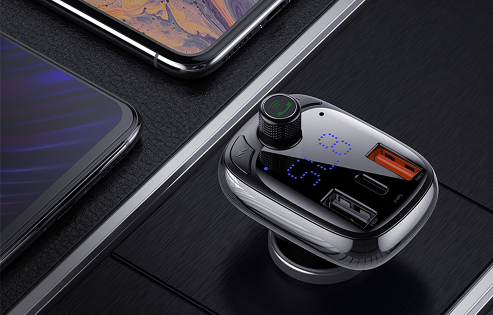 FM трансмитер Baseus CCMT000101, от 87.5 MHz до 108.0 MHz, Bluetooth 5.0, 2x USB-A, 1x USB-C, 1x MicroSD четец, черен - характеристика 1