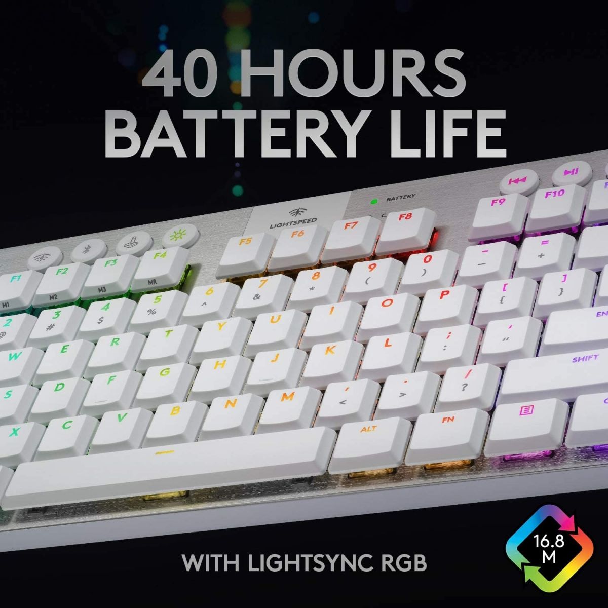 Клавиатура Logitech G915 TKL, безжична, механична, GL Tactile суичове, геймърска, RGB подсветка, нископрофилни клавиши, US layout, бяла, USB, Wireless, Bluetooth - характеристика 1