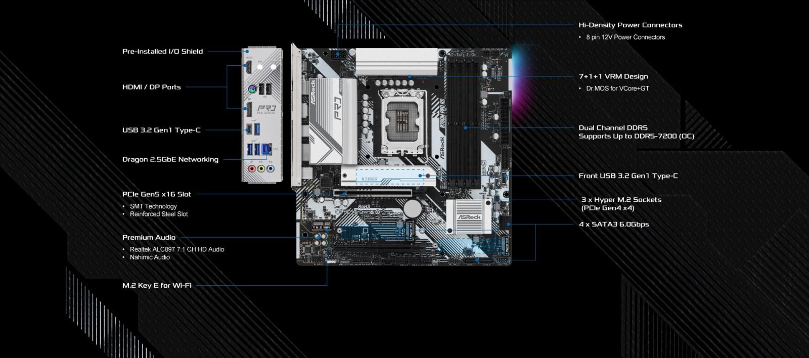 Дънна платка ASRock B760M Pro RS, B760, LGA1700, DDR5, PCIe 5.0 (HDMI/DP)(CrossFire), 3x M.2, 4x SATA 6Gb/s, 3x USB 3.2 Gen1 Type-A, 1x USB 3.2 Gen1 Type-C, Micro ATX - характеристика 1