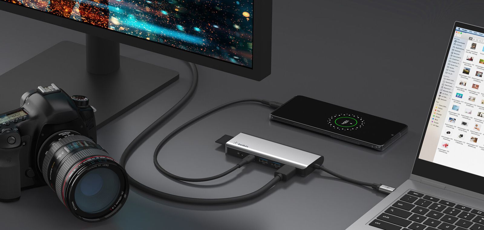 Докинг станция Belkin AVC009btSGY, от USB-C към 2x USB Type-A, 1x USB Type-C, 1x MicroSD слот, 1x SD слот, 1x HDMI, 1x 3.5mm жак, сива - характеристика 3