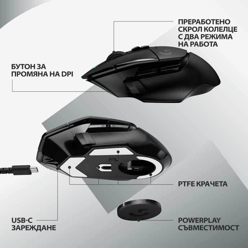 Мишка Logitech G502 X Lightspeed, оптична (25 600 dpi), безжична, USB, черна, гейминг - характеристика 4