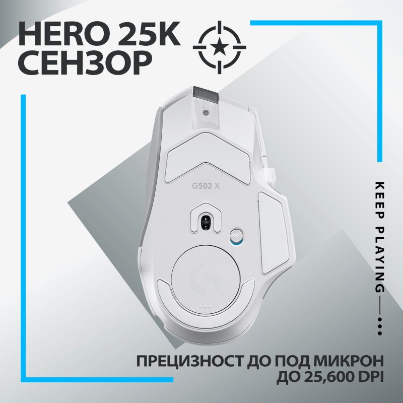 Мишка Logitech G502 X Lightspeed, оптична (25 600 dpi), безжична, USB, бяла, гейминг - характеристика 3