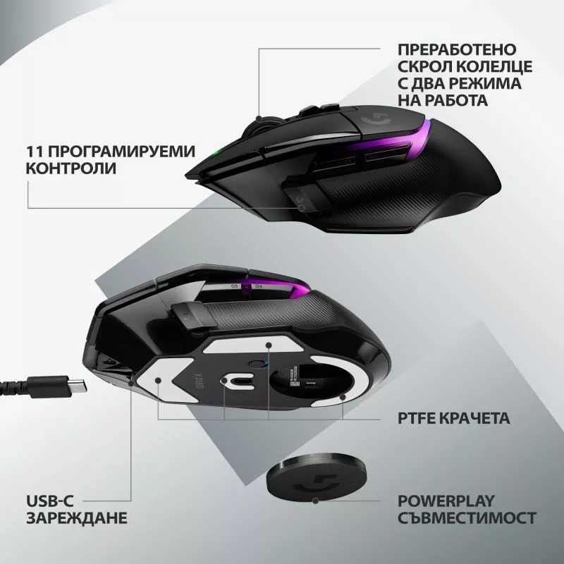 Мишка Logitech G502 X Plus, оптична (25 600 dpi), безжична, USB, черна, гейминг - характеристика 7