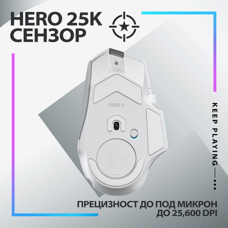 Мишка Logitech G502 X Plus, оптична (25 600 dpi), безжична, USB, бяла, гейминг - характеристика 5