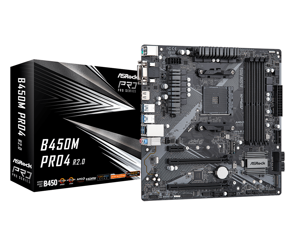 Дънна платка ASRock B450M Pro4 R2.0, B450, AM4, DDR4, PCI-E 3.0 (HDMI/DVI/VGA)(CFX), 4x SATA 6Gb/s, 2x M.2, 1x USB 3.2 Gen 2 Type-C, Micro ATX - характеристика 1