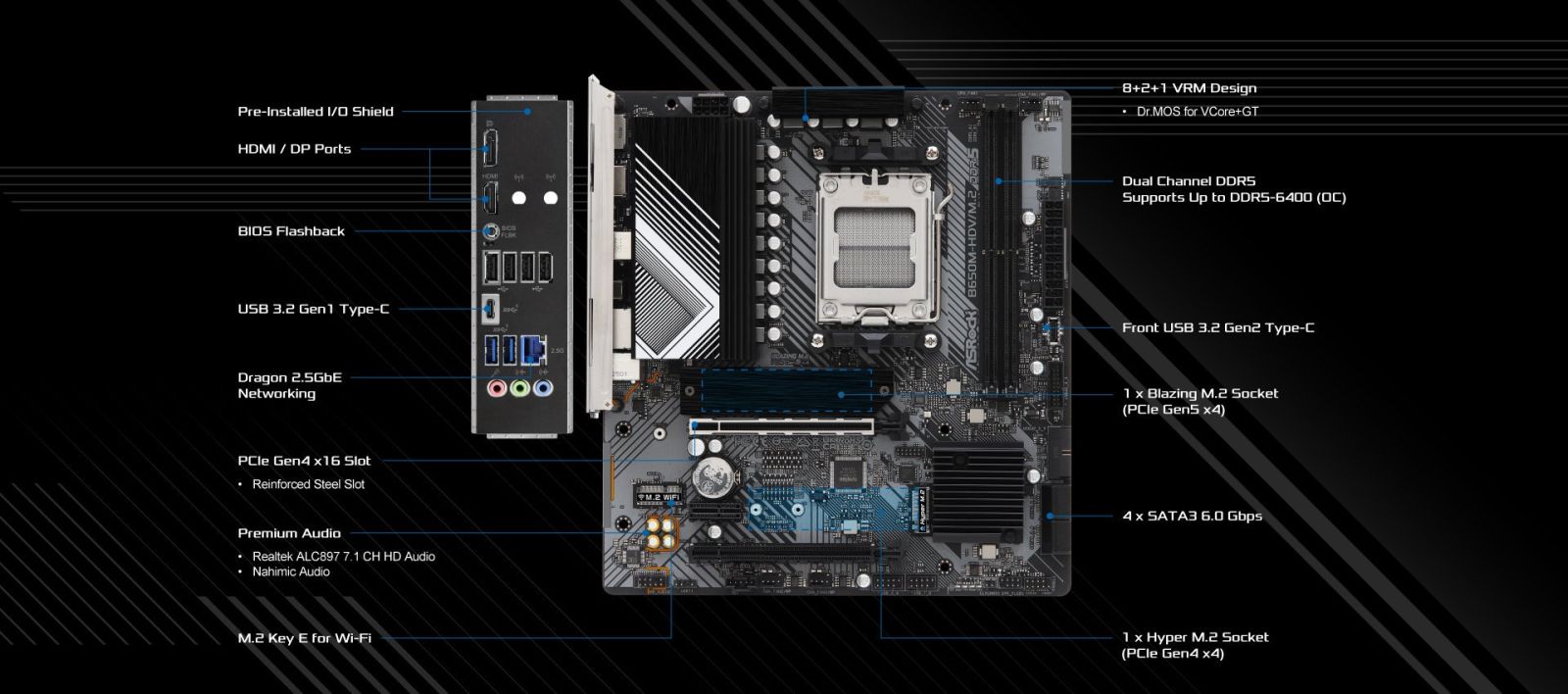 Дънна платка ASRock B650M-HDV/M.2, B650, AM5, DDR5, PCIe 4.0 (HDMI/DP), 1x M.2, 4x SATA 6Gb/s, 1x USB 3.2 Type-C, 2x USB 3.2 Gen 1, Micro ATX - характеристика 1
